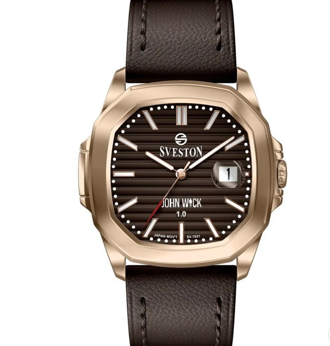Men's Sveston John Wick 3.0 Brown Dial Leather Watch – Luxury Square Case Dress Watch